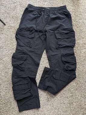 EPTM Men's Black Cargo Pants Lsize Tapered Drawstring Elastic Waist Nylon